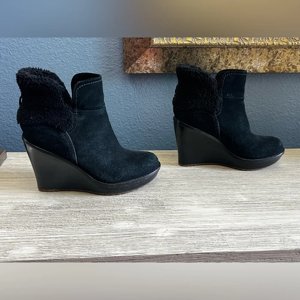 UGG Black Suede Wedge Ankle Booties with Shearling Trim